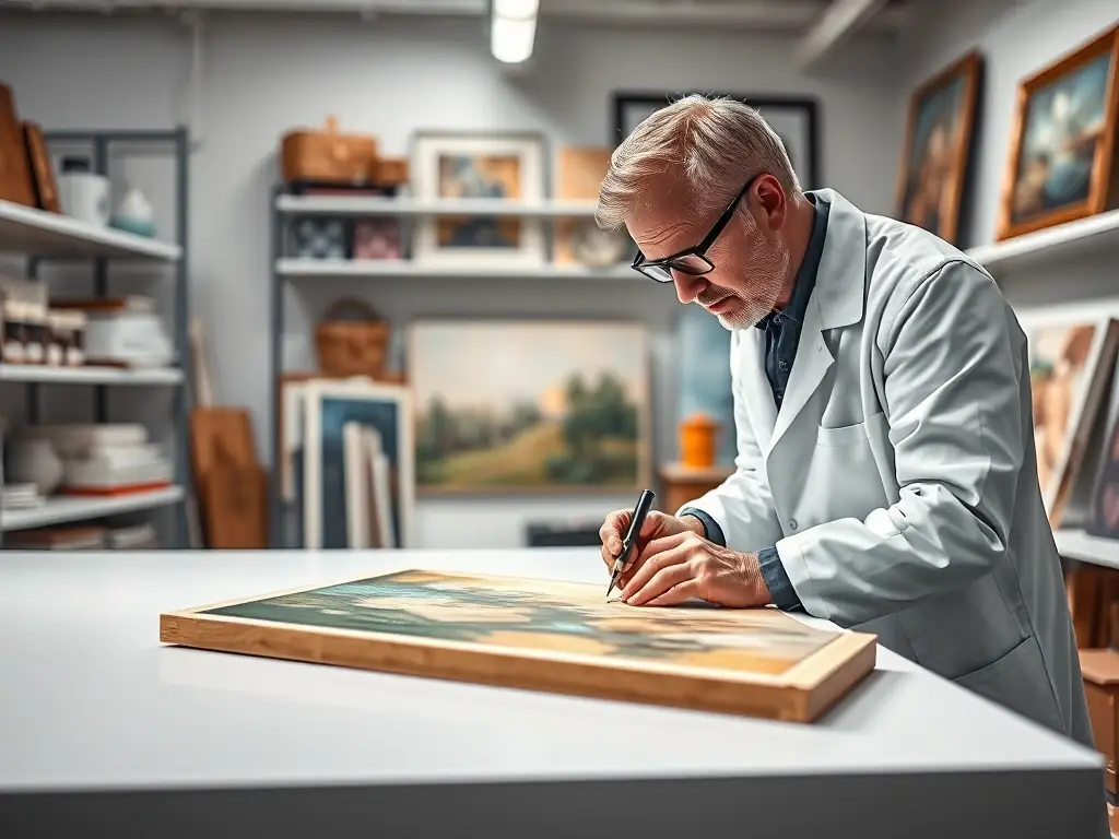 A professional art appraiser carefully examines a painting in a well-lit studio, using specialized tools to assess its condition and authenticity.