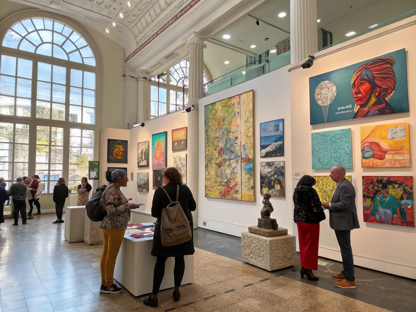 A diverse collection of artworks displayed in a modern gallery setting, showcasing the range of art advisory services offered by Boch GmbH.