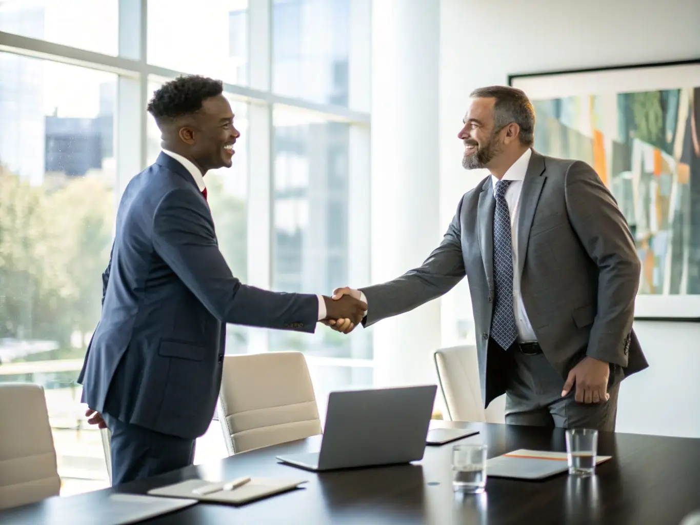 A professional broker shaking hands with a client in front of a gallery wall filled with artworks, symbolizing trust and successful transactions.