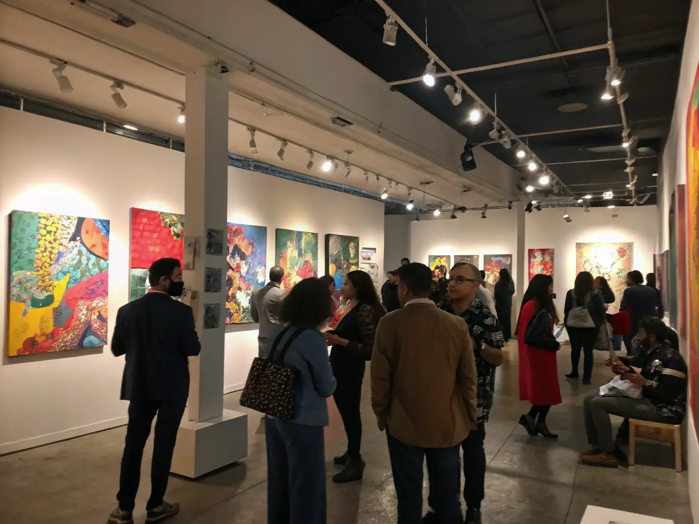A diverse collection of artworks is displayed in a gallery setting, with potential buyers and sellers engaging in discussions about the pieces.
