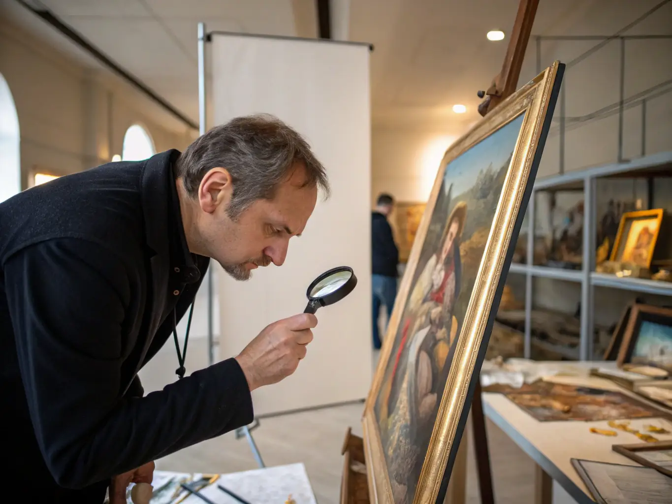 A photograph of an art appraiser carefully examining a painting in a well-lit studio, showcasing the detail-oriented nature of art appraisal services.