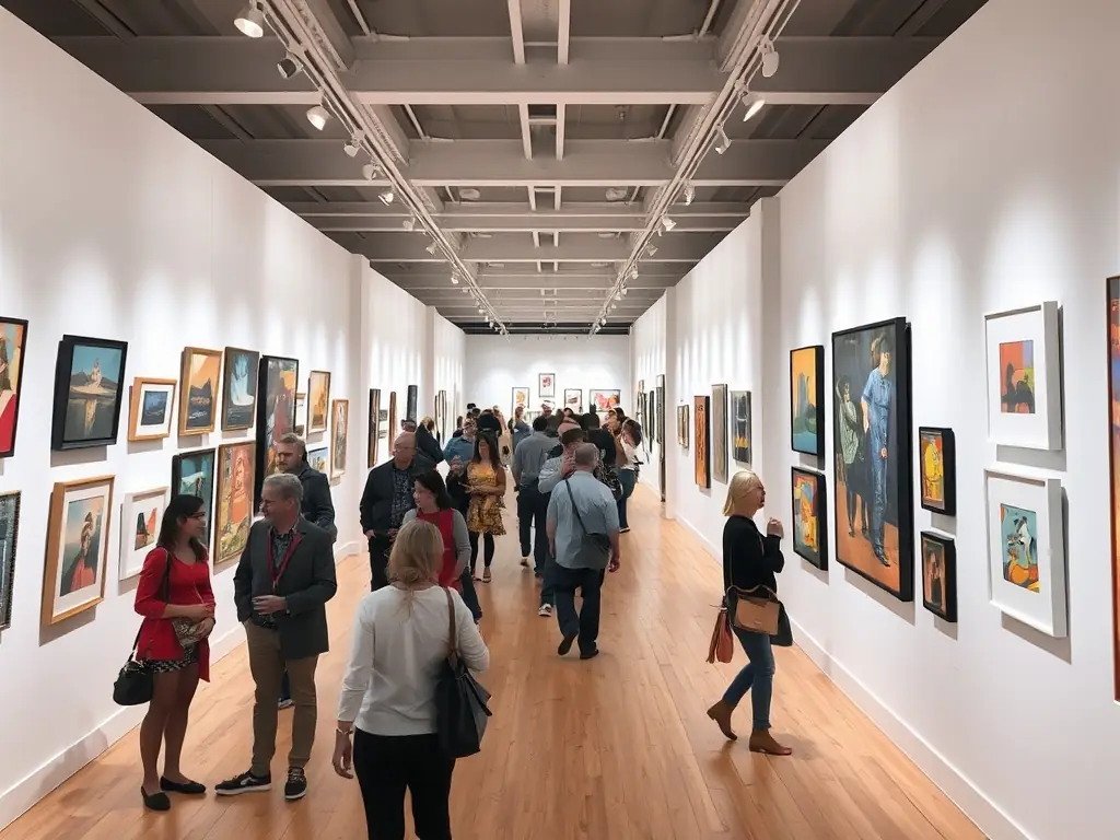 A photograph of a diverse collection of artworks being displayed in a modern art gallery, representing the wide range of art sales and brokerage services offered.